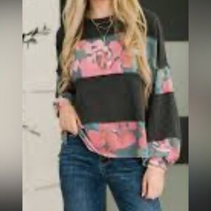 Haptics Floral Stripe Mixed-Knit Pullover Sweater - Pink & Green Floral